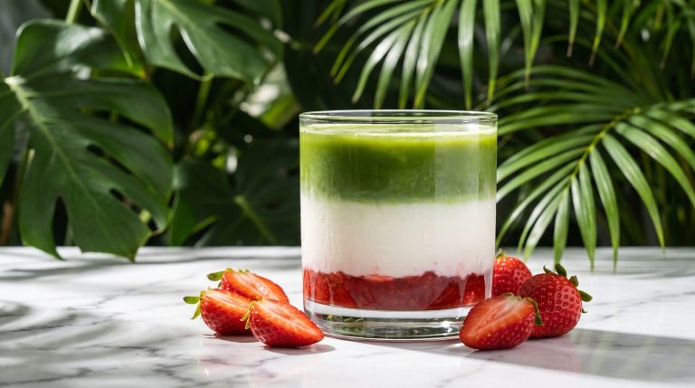 Layered strawberry matcha latte in a glass with fresh strawberries
