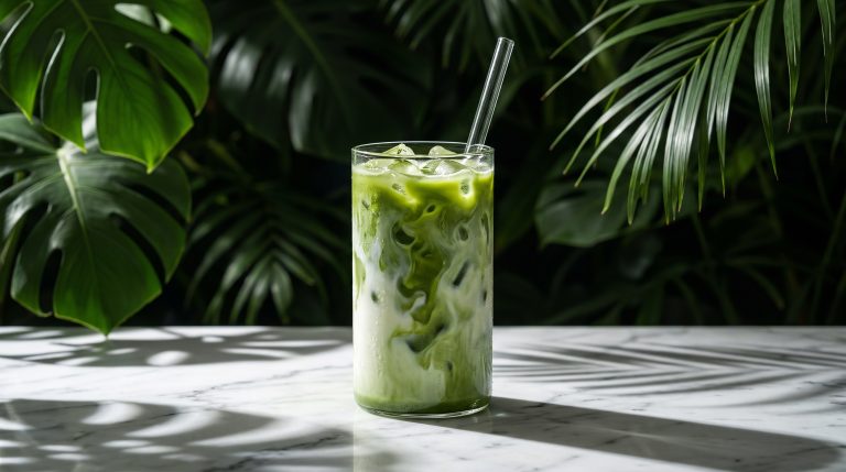 Iced matcha latte with green matcha swirling through milk over ice