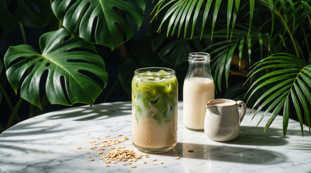Oat milk matcha latte in a glass beside a jug of oat milk and loose oats