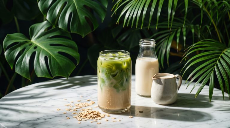 Oat milk matcha latte in a glass beside a jug of oat milk and loose oats