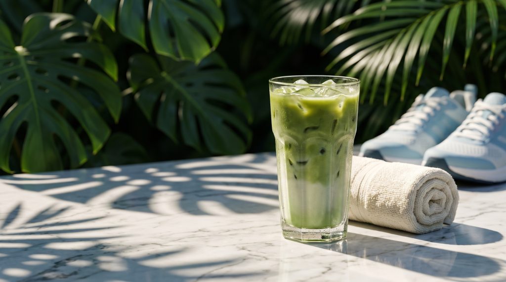 Iced matcha latte on marble beside a gym towel and running shoes