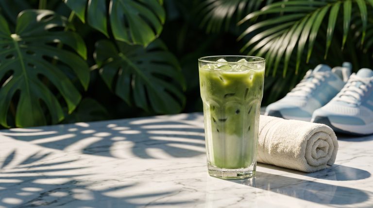 Iced matcha latte on marble beside a gym towel and running shoes