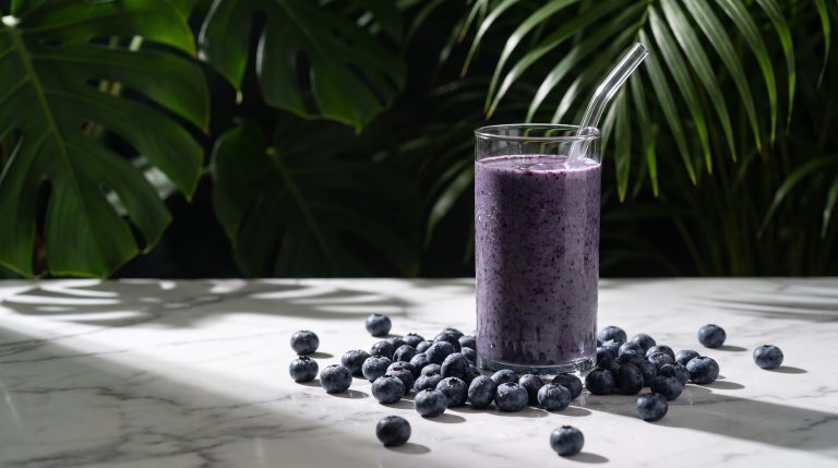 Deep purple blueberry smoothie in a tall glass with scattered fresh blueberries