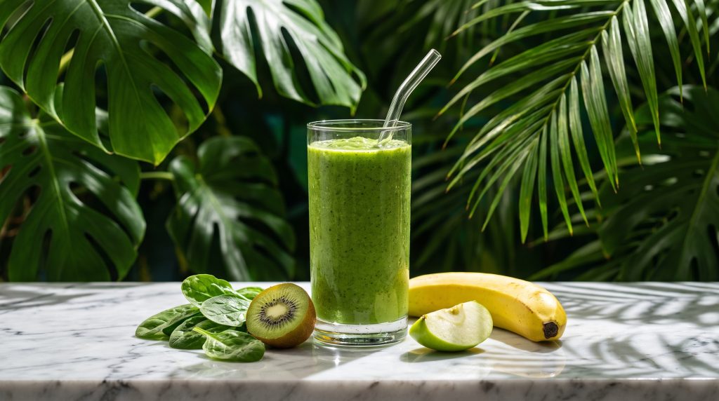 Bright green smoothie with spinach, kiwi, banana and green apple