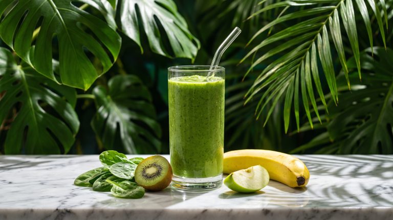 Bright green smoothie with spinach, kiwi, banana and green apple