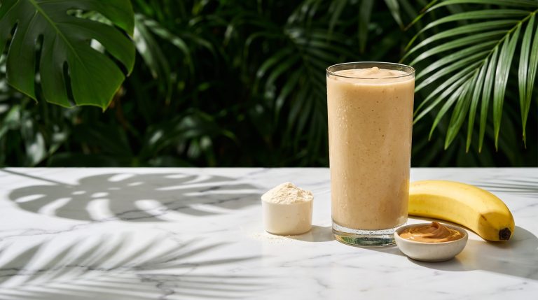 Thick protein smoothie with a scoop of protein powder, banana and peanut butter