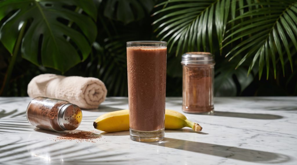 Chocolate post-workout protein shake with a banana and cocoa
