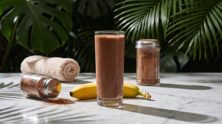 Chocolate post-workout protein shake with a banana and cocoa