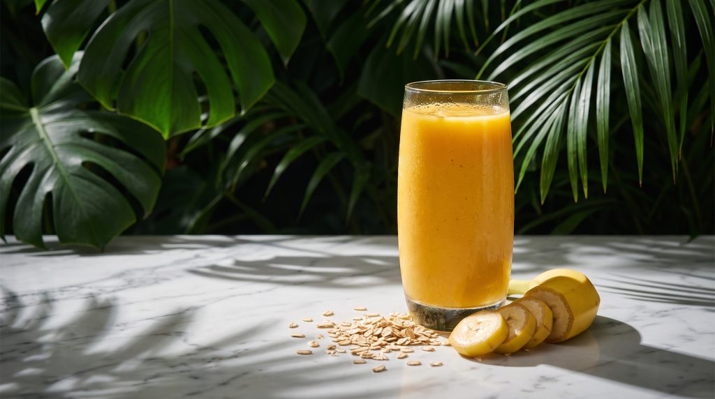 Bright mango and banana pre-workout smoothie with sliced banana and oats