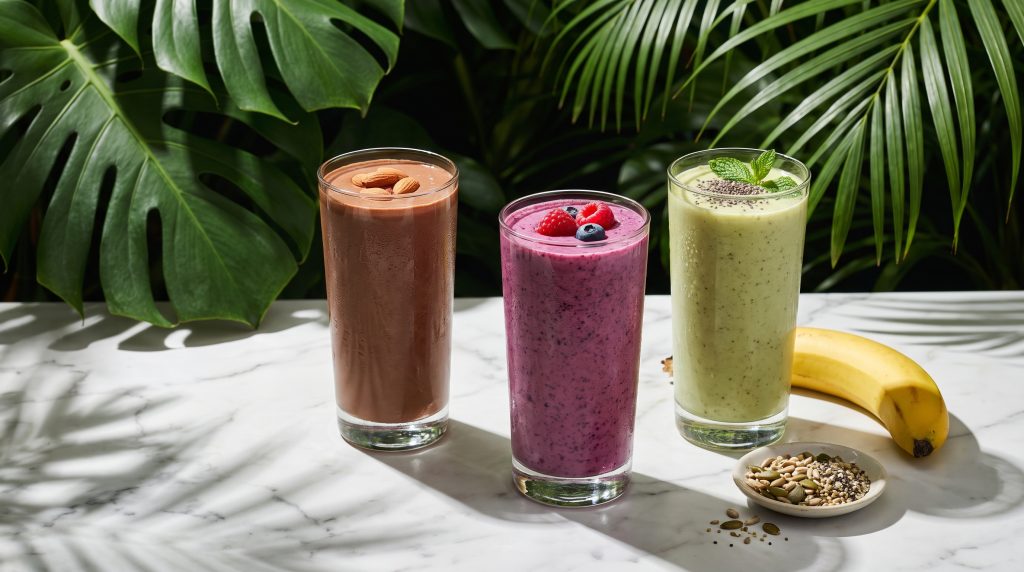Three vegan protein smoothies in chocolate, berry and green with almonds and seeds