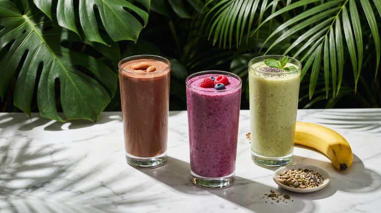 Three vegan protein smoothies in chocolate, berry and green with almonds and seeds