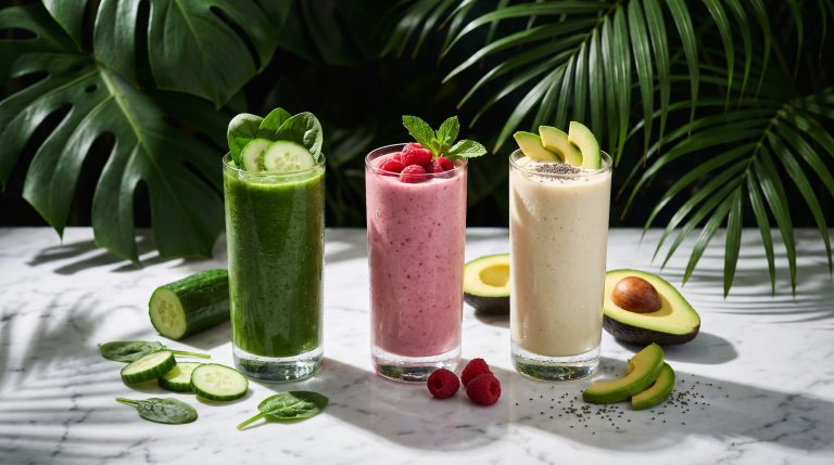 Three low-sugar smoothies with cucumber, avocado, spinach and raspberries