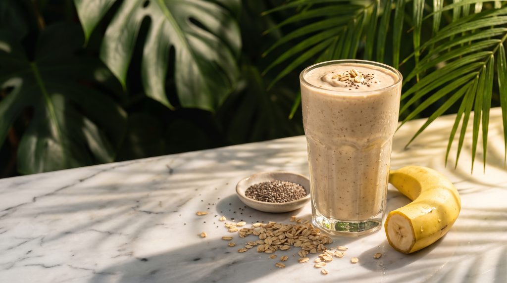 Creamy oat and banana breakfast smoothie with rolled oats and chia seeds