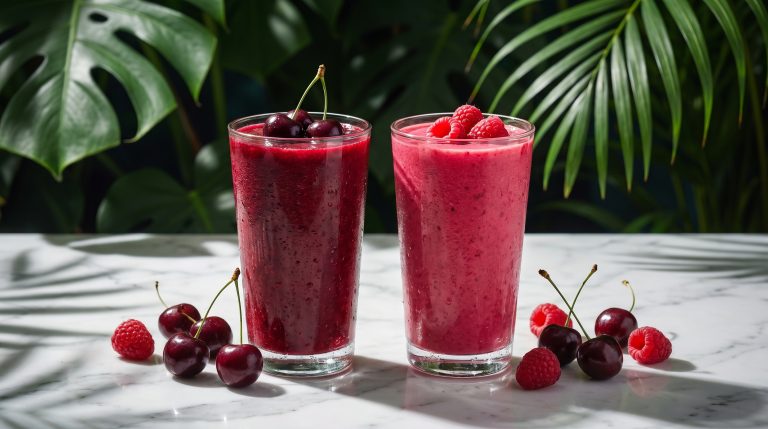 Cherry and raspberry smoothies side by side with fresh cherries and raspberries