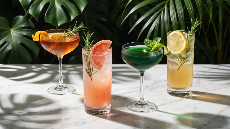 Four elegant non-alcoholic drinks in coupe and highball glasses with garnishes