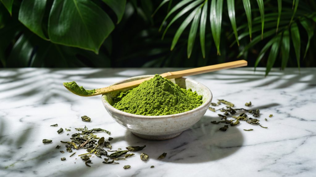 Bowl of vivid emerald matcha powder with a bamboo scoop and dried tea leaves