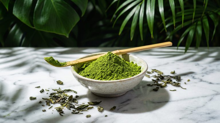 Bowl of vivid emerald matcha powder with a bamboo scoop and dried tea leaves