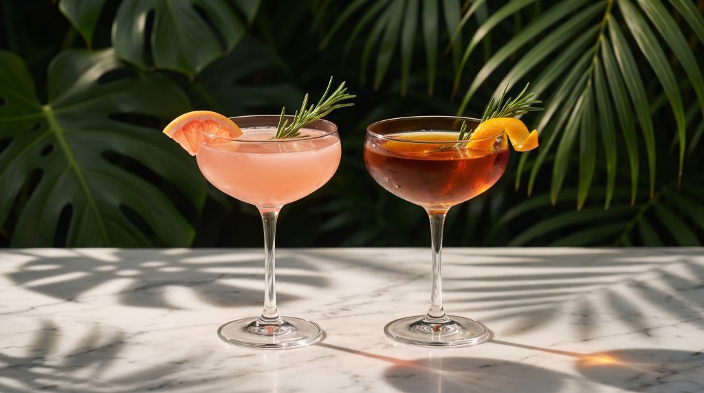 Two non-alcoholic cocktails in coupe glasses with citrus and rosemary