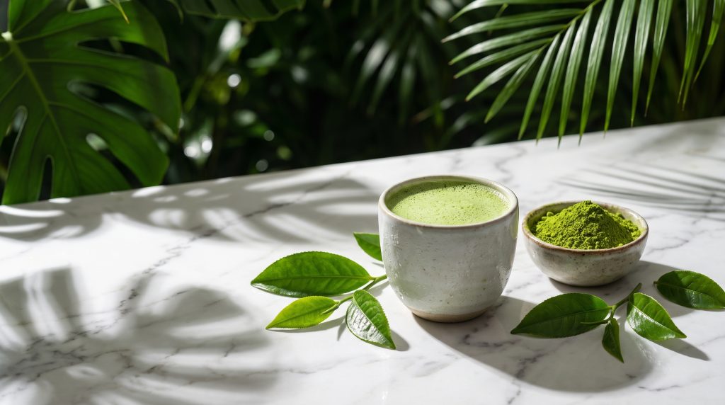 Cup of whisked matcha beside a bowl of matcha powder and green tea leaves