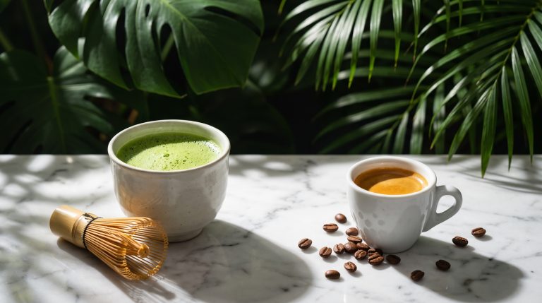 Vivid green matcha beside a dark espresso with crema for comparison