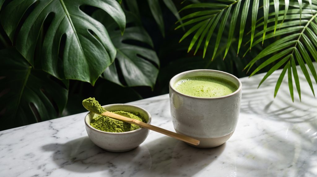 Cup of matcha with a bamboo scoop holding a measured mound of powder