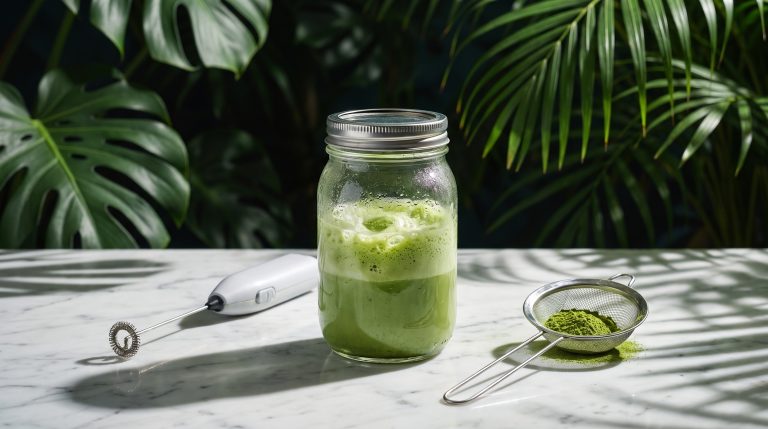 Frothy matcha in a screw-top jar with a handheld frother and fine sieve