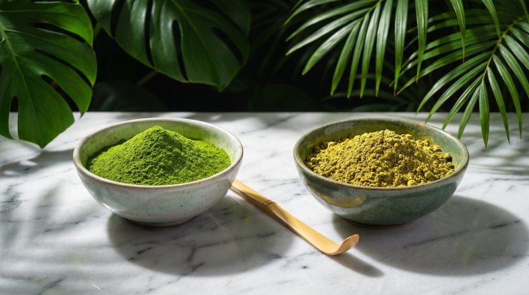Two bowls of matcha powder, one fine emerald green and one duller yellow-green