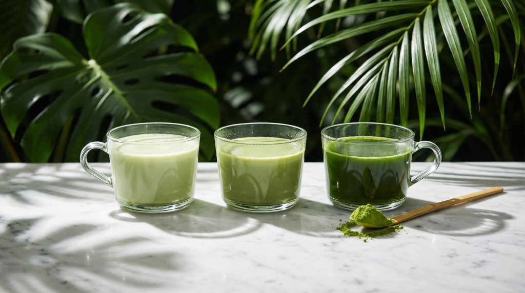 Three cups of matcha in increasing strength with a measured bamboo scoop