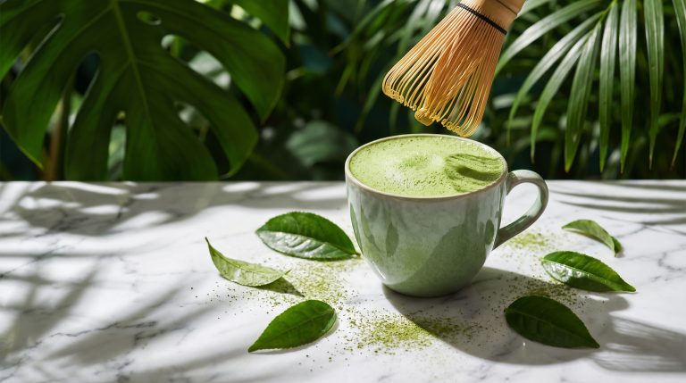 Cup of matcha with fine jade foam and a bamboo whisk lifted above it