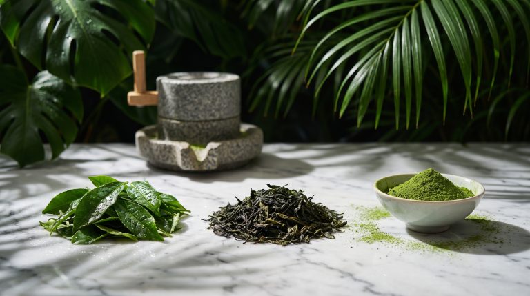 Green tea leaves, dried tencha and fine matcha powder shown in progression