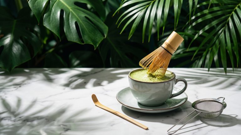 Bamboo whisk mid-whisk in a cup of matcha with a scoop and sieve