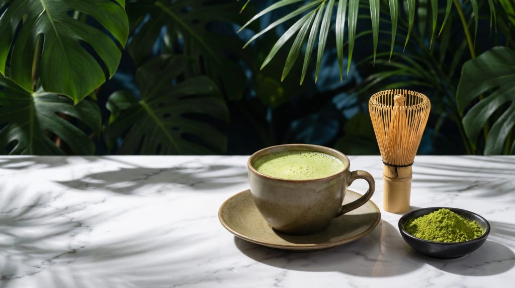 Cup of whisked matcha with a bamboo whisk and bowl of matcha powder