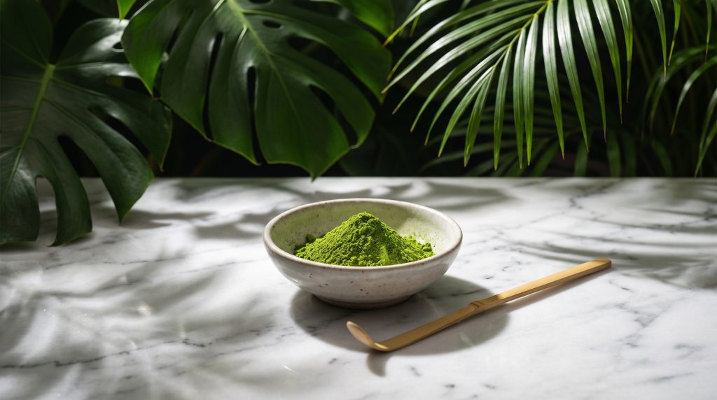 Bowl of emerald matcha powder lit dramatically like a precious material