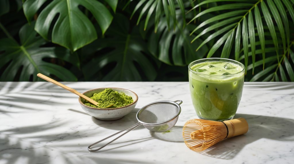 Bowl of matcha powder, bamboo scoop, sieve, whisk and a finished cup