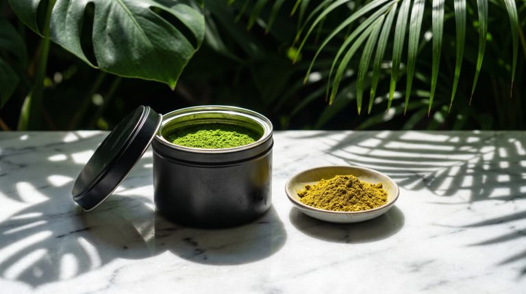 Open airtight tin of vivid matcha beside a dish of duller yellowed powder