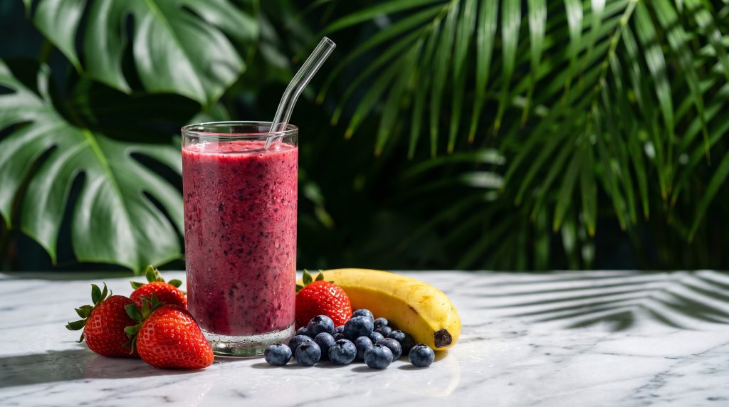 Berry smoothie beside the whole strawberries, banana and blueberries in it