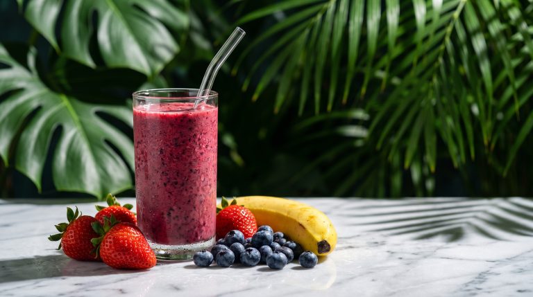 Berry smoothie beside the whole strawberries, banana and blueberries in it