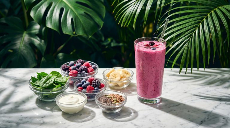 Five bowls of smoothie components beside one finished berry smoothie