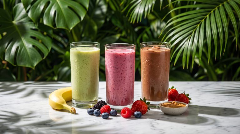 Three smoothies in increasing richness from light green to thick chocolate
