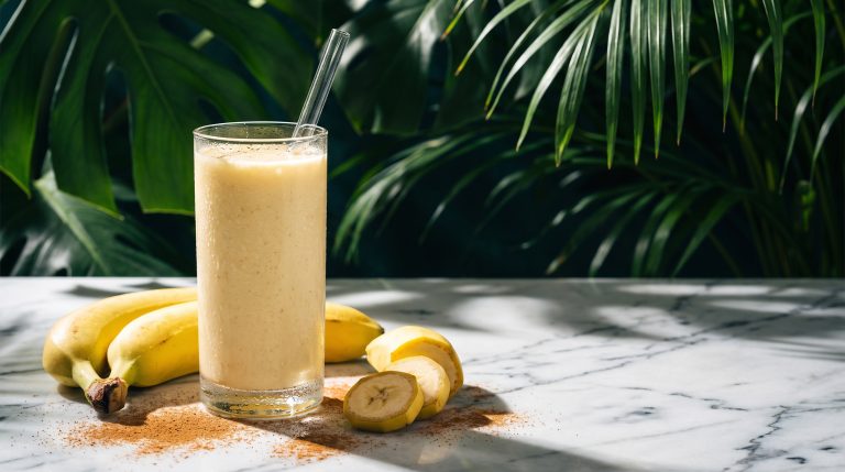 Creamy banana smoothie with whole and sliced bananas and cinnamon
