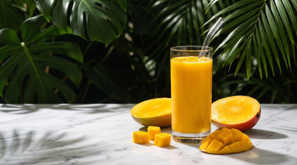Golden mango smoothie with fresh mango halves and cubed mango