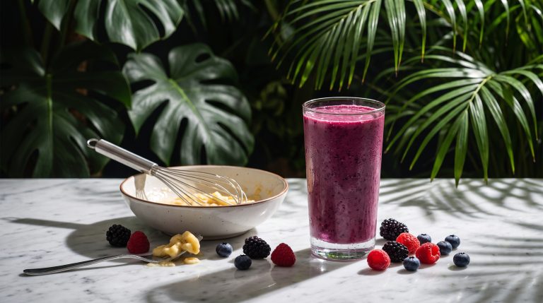 Berry smoothie made without a blender, beside a bowl, whisk and mashed banana