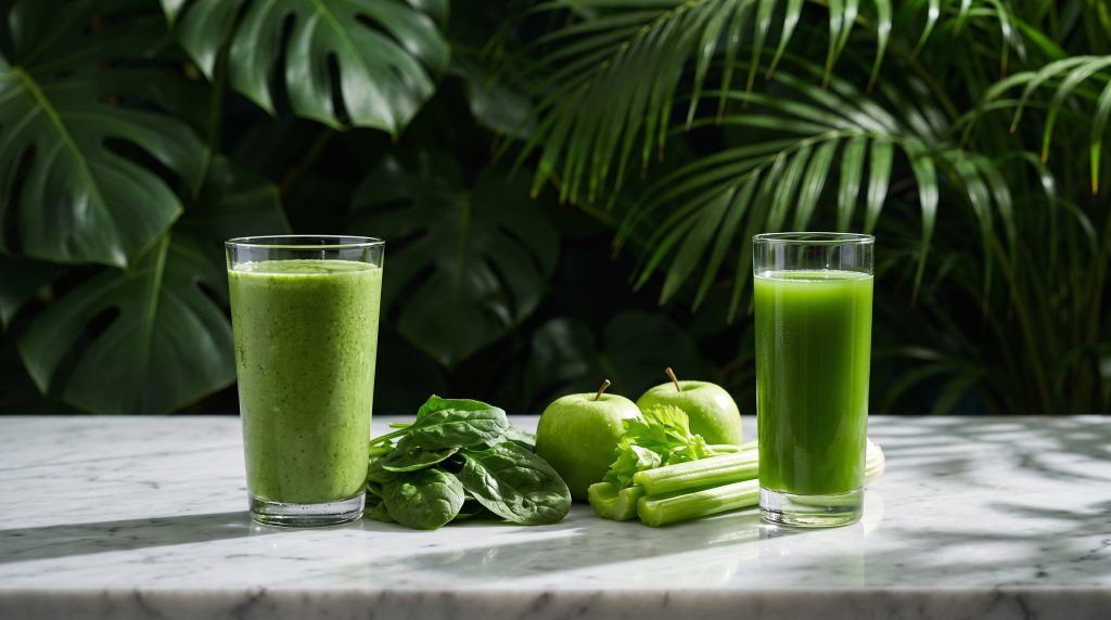 Thick green smoothie beside clear green juice with spinach, apple and celery