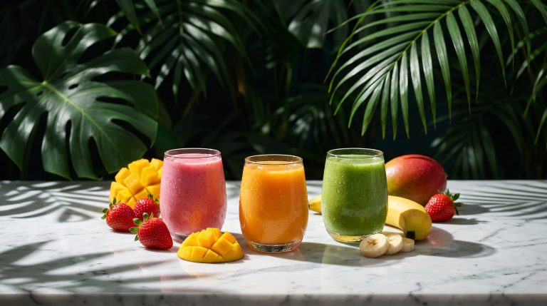 Three kids' smoothies in pink, orange and green with strawberries and mango