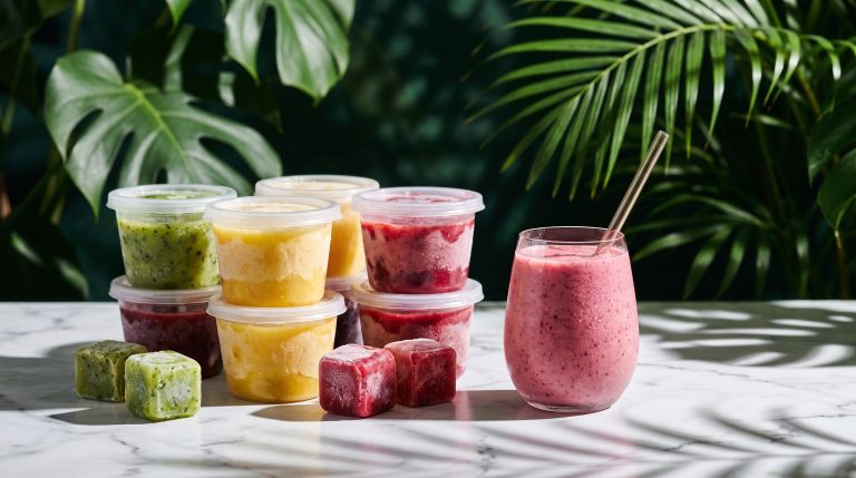 Frozen smoothie portions and cubes beside one freshly poured pink smoothie