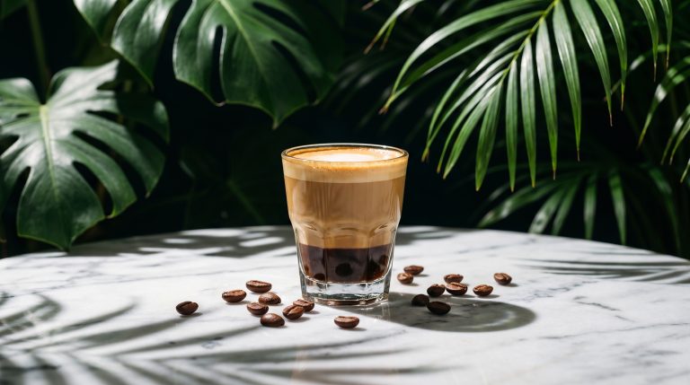 Cortado in a small glass showing layered espresso, steamed milk and foam