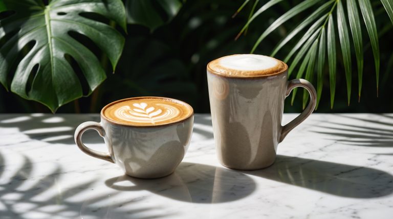 Flat white with fine latte art beside a taller latte with thicker foam