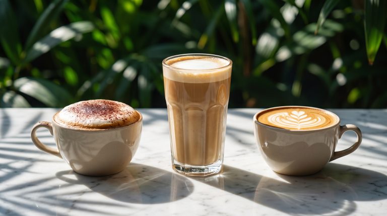 Cappuccino, latte and flat white side by side showing the difference