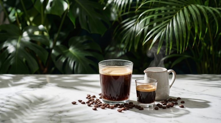 Americano in a clear glass with an espresso shot and jug of hot water