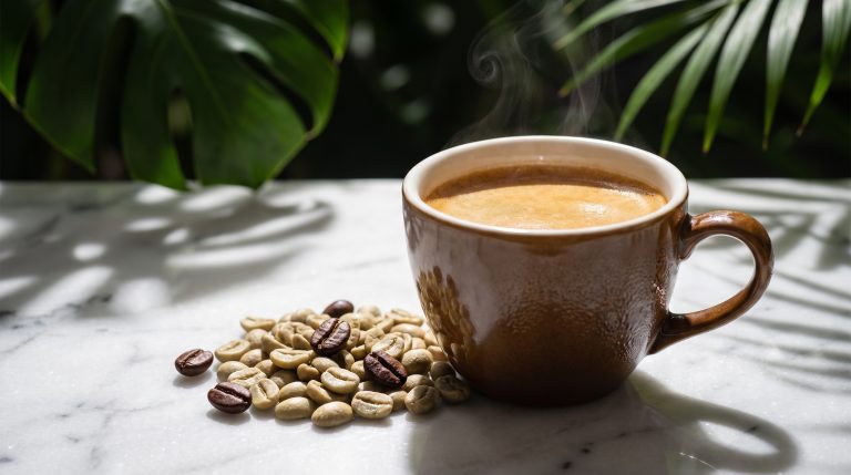 Cup of coffee beside pale green decaffeinated beans and dark roasted beans